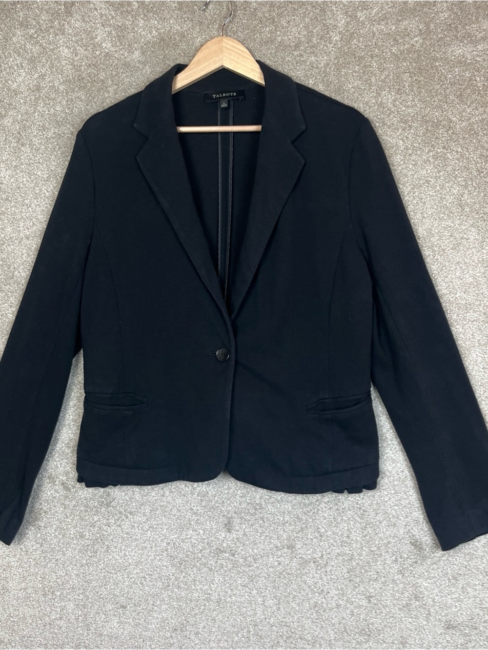 Talbots Jacket Womens Large Black Button Stretch Pockets Blazer Ruffle- 5314
